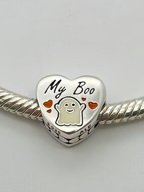 MY BOO GHOST Authentic PANDORA Heart HALLOWEEN Silver S925 Ale Charm